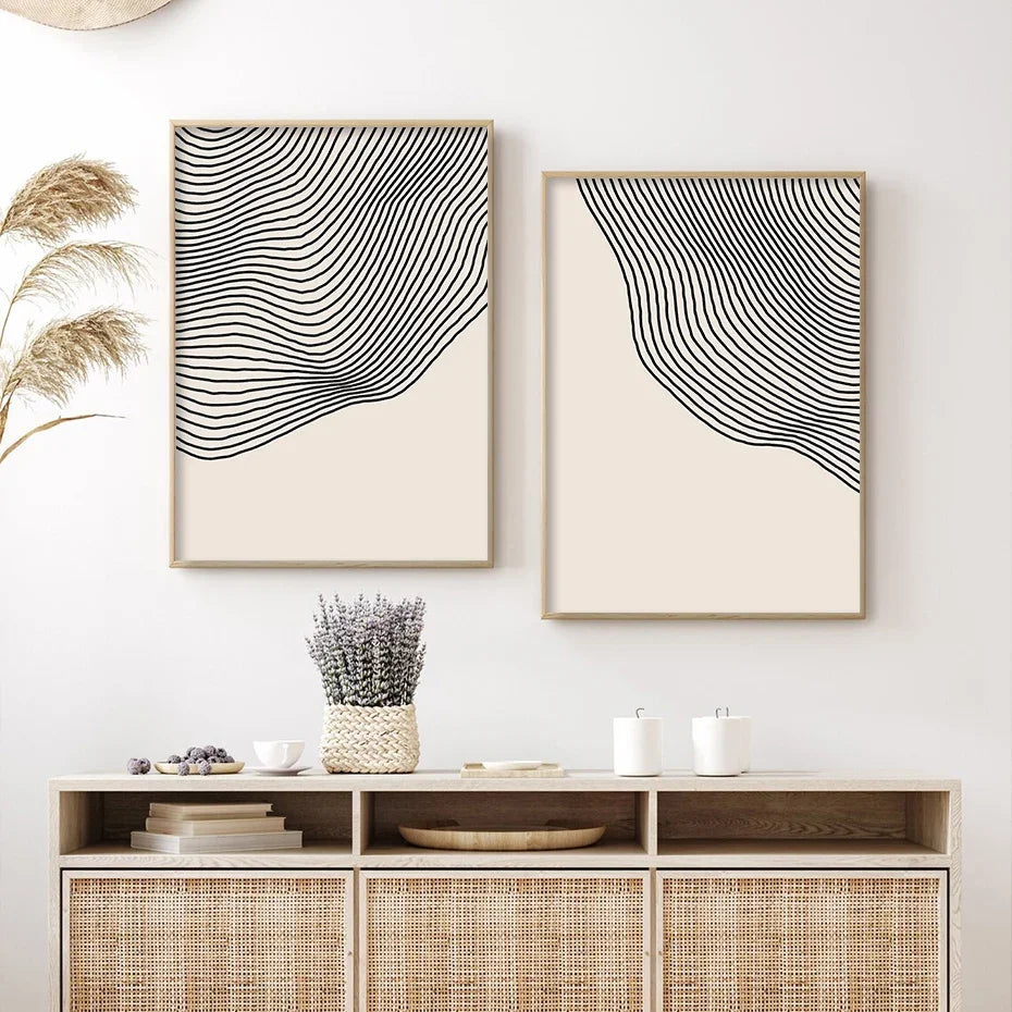 Modern Abstract Lines Black Beige Simple Wall Art, HD Canvas Print Sea, Home, Living Room, Room Decoration Painting