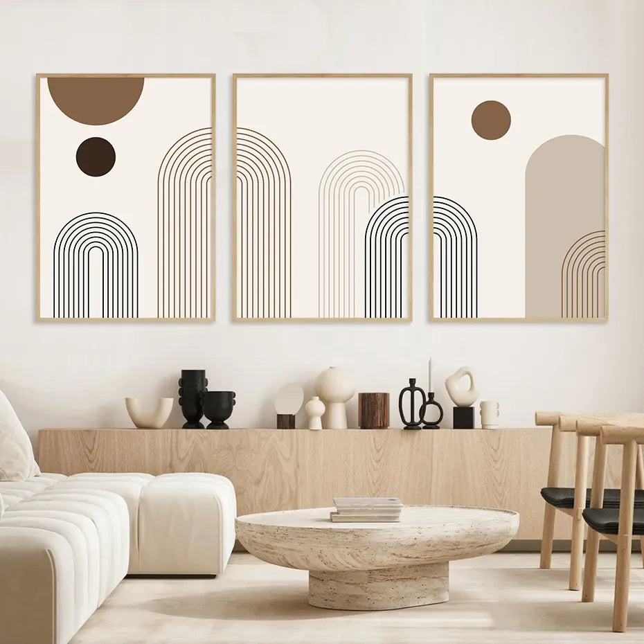 3Pcs Canvas Wall Art Boho Abstract Arch Set, Neutral Geometric Mid‑Century Poster for Living Room Bedroom Gallery Decor
