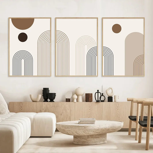 3Pcs Canvas Wall Art Boho Abstract Arch Set, Neutral Geometric Mid‑Century Poster for Living Room Bedroom Gallery Decor