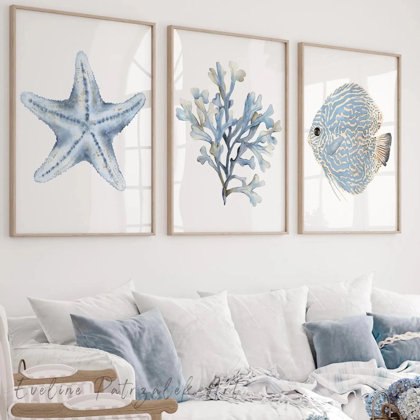 Coastal Frameless Poster Wall Art Set of 3 Ocean Fish Coral Starfish Beach House Prints Home Canvas Art Wall Decoration Poster