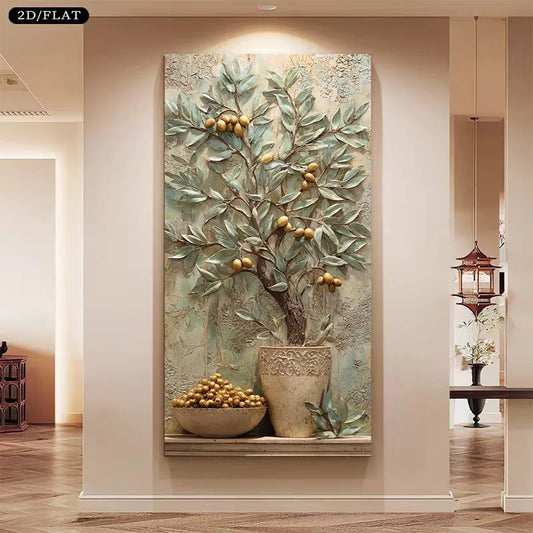 2D/Flat Modern Olive Tree with Golden Fruits Canvas Wall Art - Frameless Contemporary Canvas Painting for Living Rooms Decortion