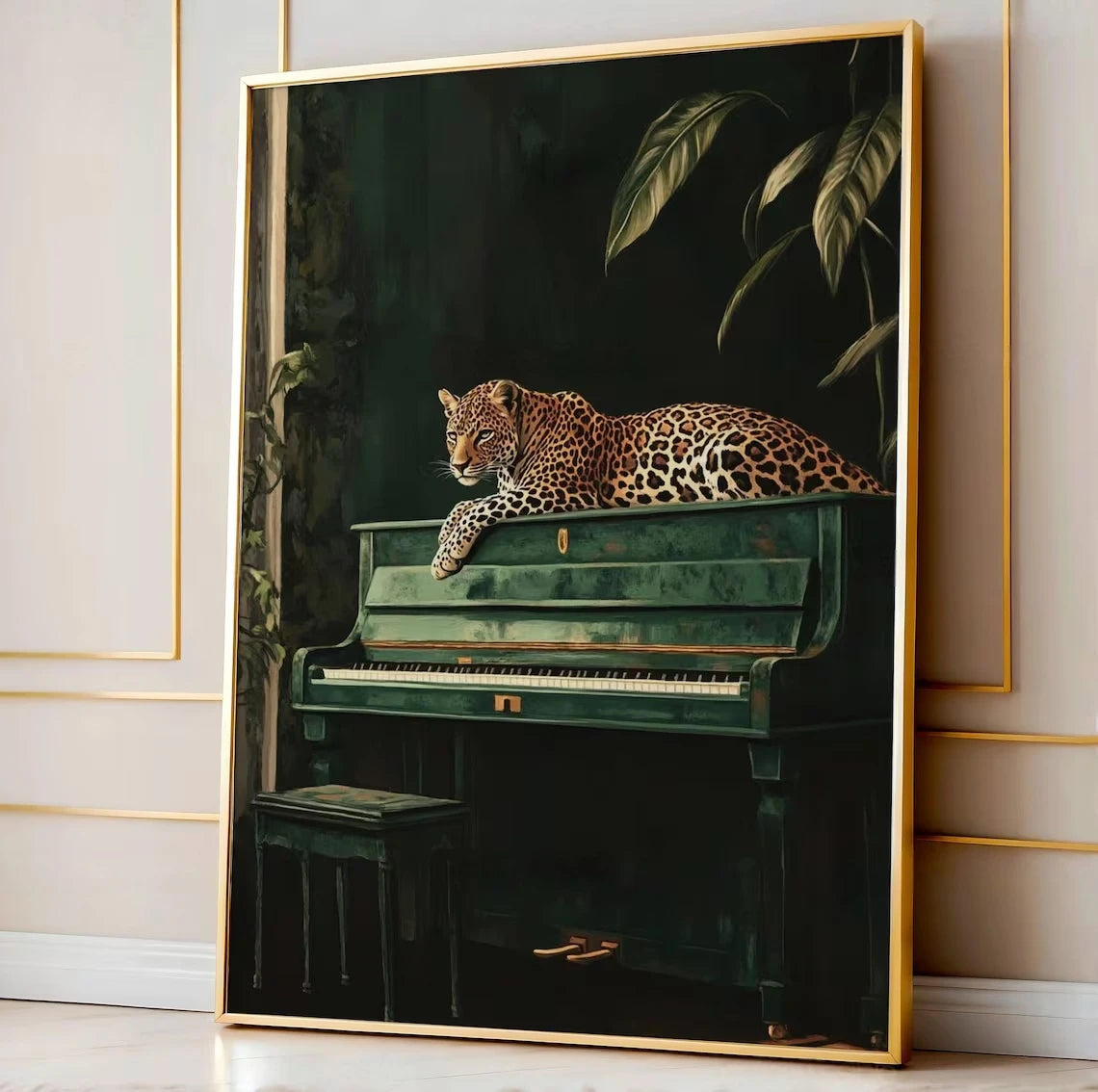 Elegant Leopard Wall Art on Green Piano Jungle Animal Canvas Print Maximalist Home Decor Wild Cat Musical Poster Feline Pictu