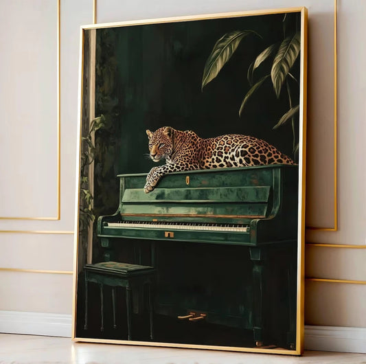 Elegant Leopard Wall Art on Green Piano Jungle Animal Canvas Print Maximalist Home Decor Wild Cat Musical Poster Feline Pictu