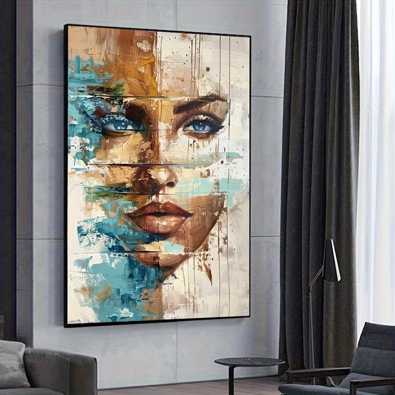 Modern Abstract Floral Woman Canvas Art Print - Vibrant Blue & Golden Hues, Indoor/Outdoor Use, Frameless Wall Decor Artwork