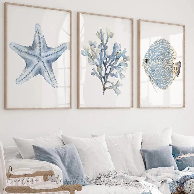 Coastal Frameless Poster Wall Art Set of 3 Ocean Fish Coral Starfish Beach House Prints Home Canvas Art Wall Decoration Poster