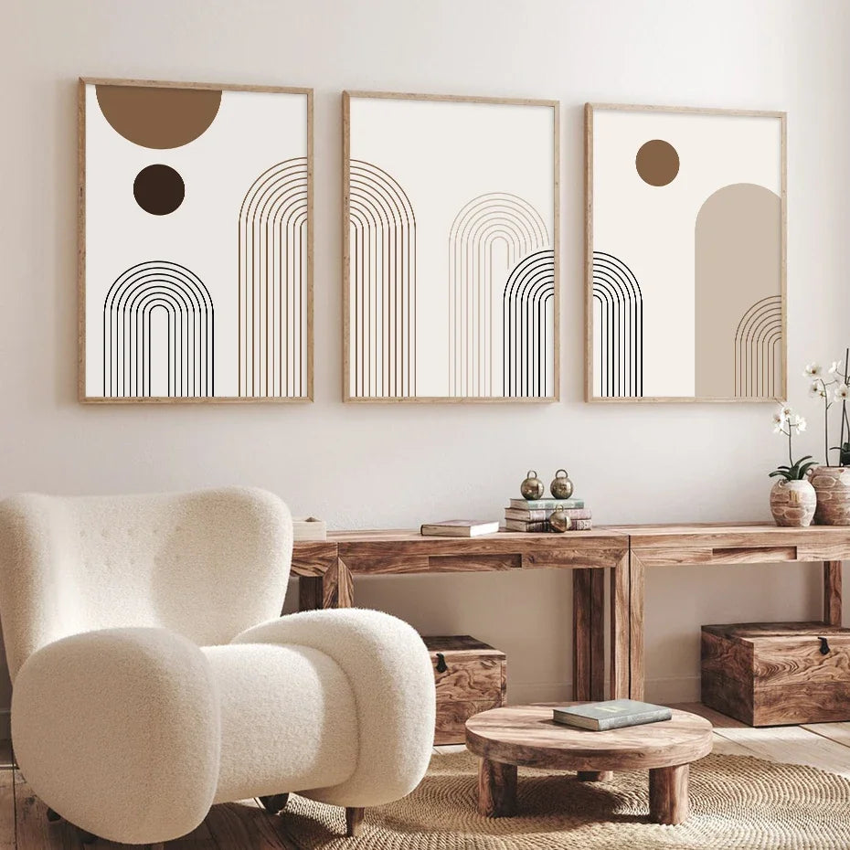 3Pcs Canvas Wall Art Boho Abstract Arch Set, Neutral Geometric Mid‑Century Poster for Living Room Bedroom Gallery Decor