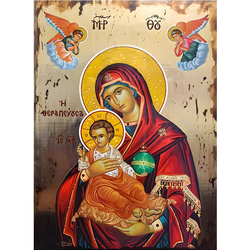 The Therapist Virgin Mary and Jesus Ikon Panagia Mother of God Byzantine Orthodox Religious Canvas Wall Art Living Room Decor