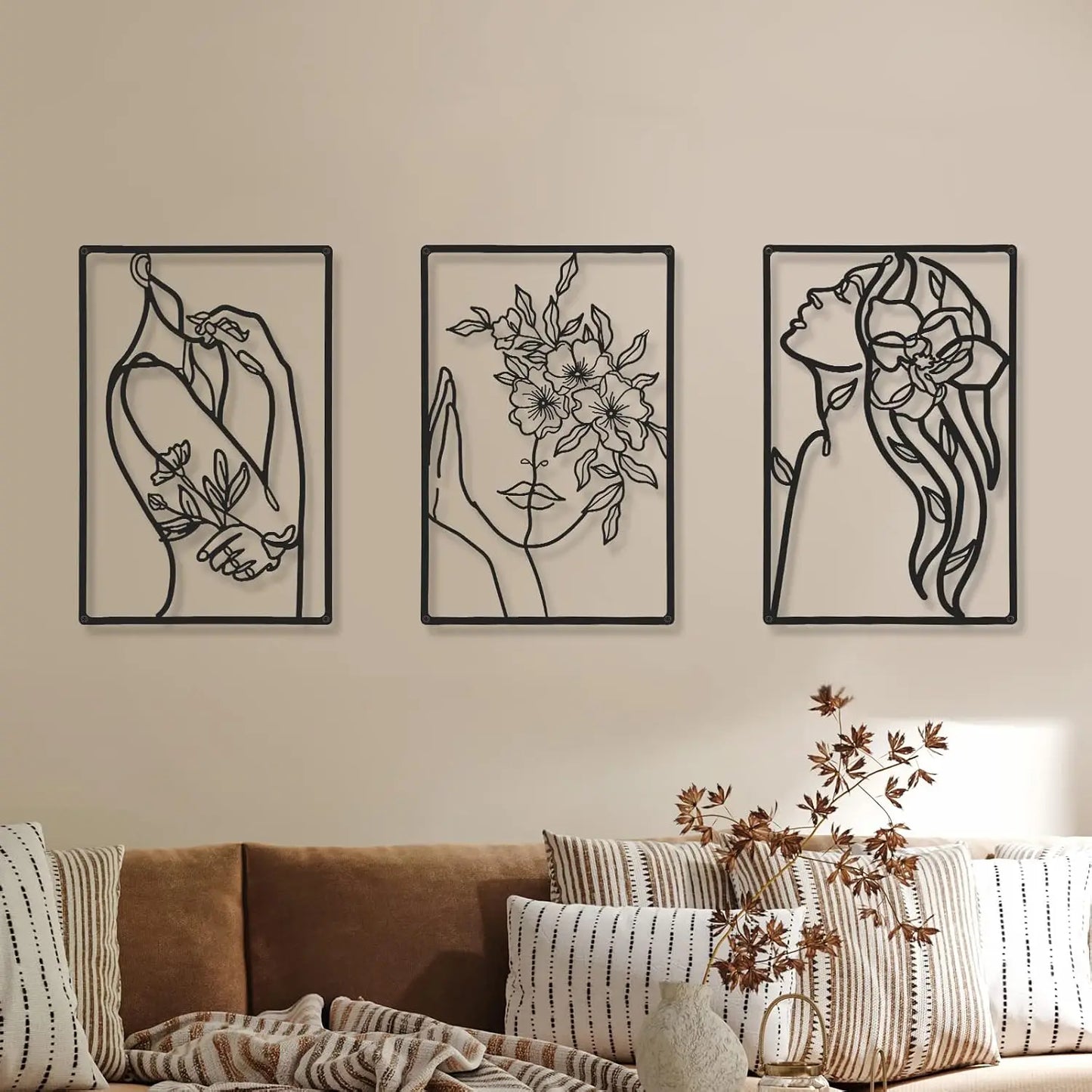 3 Pieces Minimalist Metal Wall Art Decor, Abstract Woman Line Art Wall Decor, Modern Metal Sculpture for Living Room Bedroom Bat