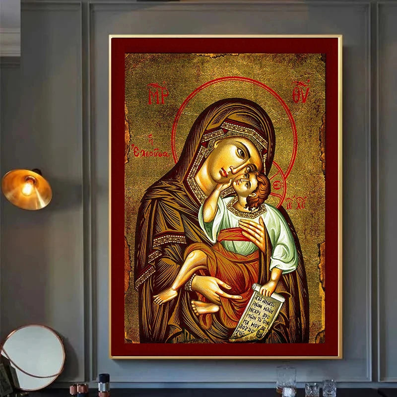 The Therapist Virgin Mary and Jesus Ikon Panagia Mother of God Byzantine Orthodox Religious Canvas Wall Art Living Room Decor