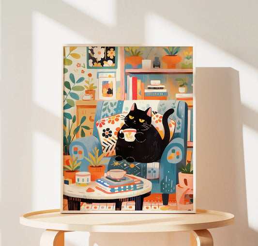 Canvas Painting Canvas Wall Picture Cute Cat Coffee Cafe Gift Cat Parent Christmas Wall Art Cat