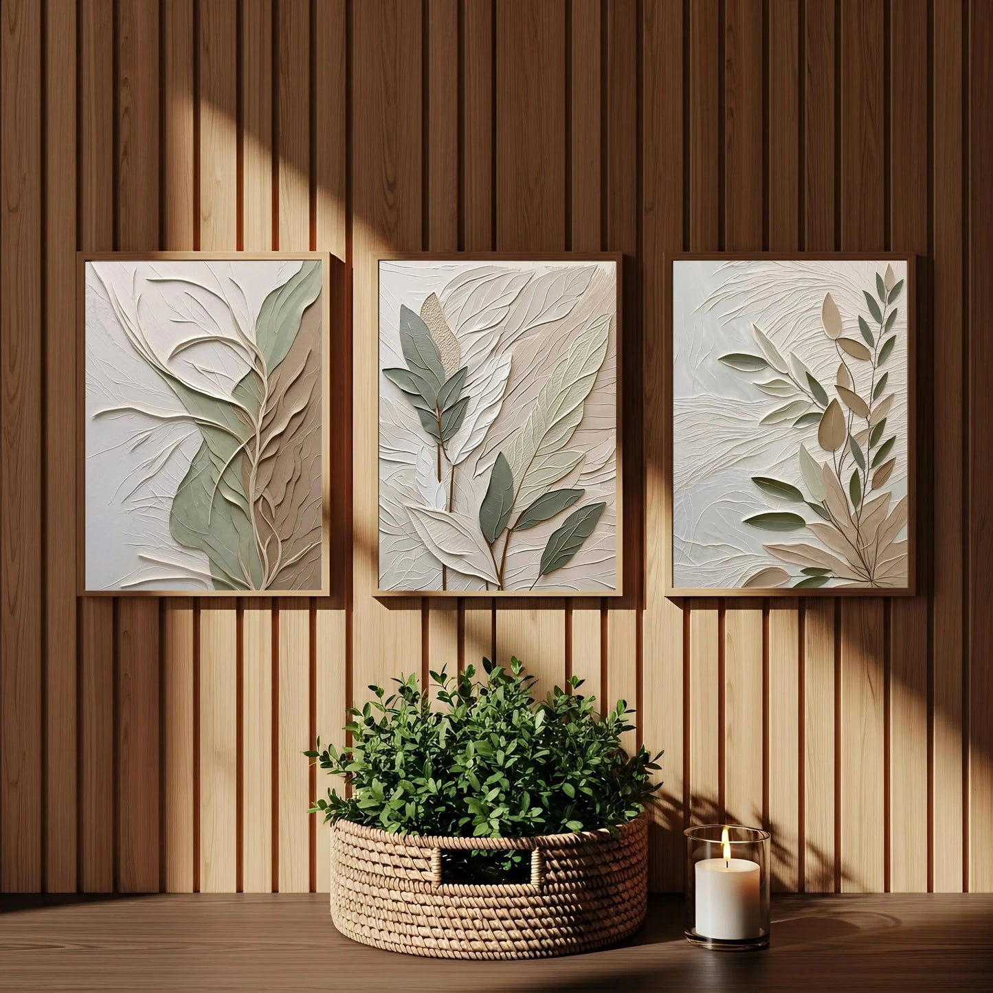Textured Canvas Art Poster 3-Piece Wall Hanging Set Botanical-Themed Triptych Sage Green Wabi-Sabi Style Wall Art Home Decor