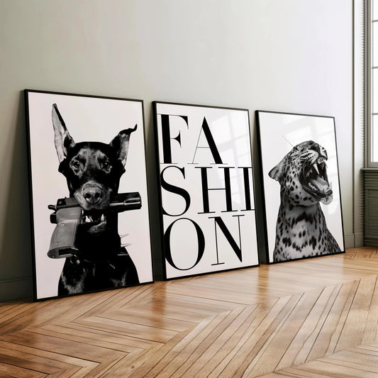 Leopard Black White Grey Animal Portrait Canvas Wall Art Set - Modern German Shepherd Inspired Posters 3pcs Frameless Doberman