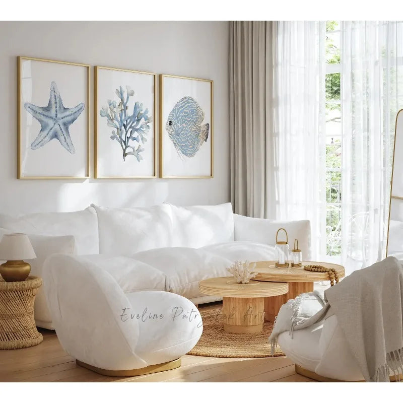 Coastal Frameless Poster Wall Art Set of 3 Ocean Fish Coral Starfish Beach House Prints Home Canvas Art Wall Decoration Poster