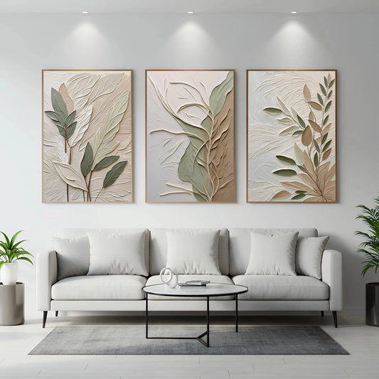 Textured Canvas Art Poster 3-Piece Wall Hanging Set Botanical-Themed Triptych Sage Green Wabi-Sabi Style Wall Art Home Decor