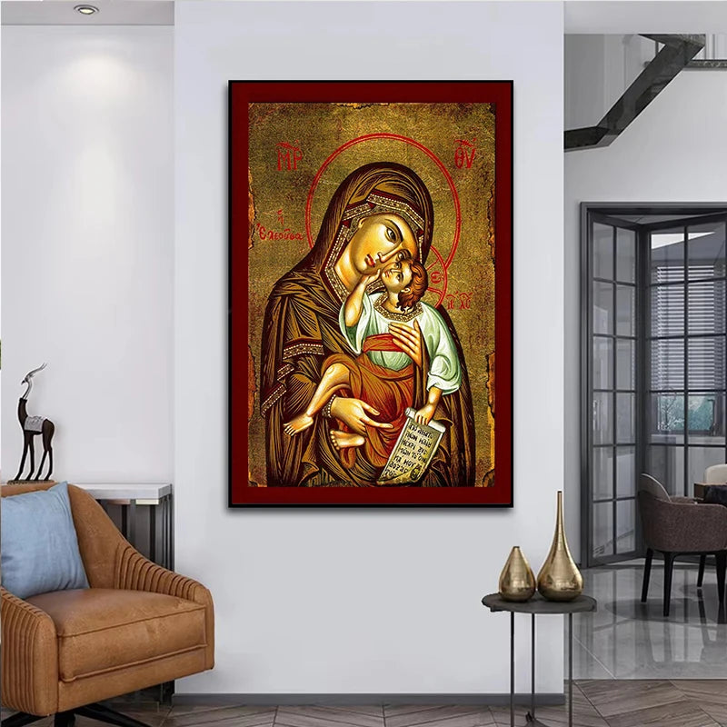 The Therapist Virgin Mary and Jesus Ikon Panagia Mother of God Byzantine Orthodox Religious Canvas Wall Art Living Room Decor