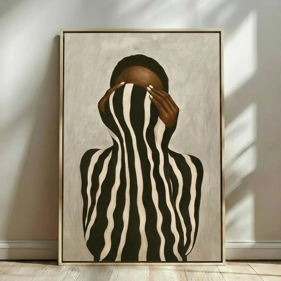 Neutral Wall Art Afrocentric Abstract Black Woman Canvas Prints Black & White Stripes Girl Pictures for Living Room Home Deco