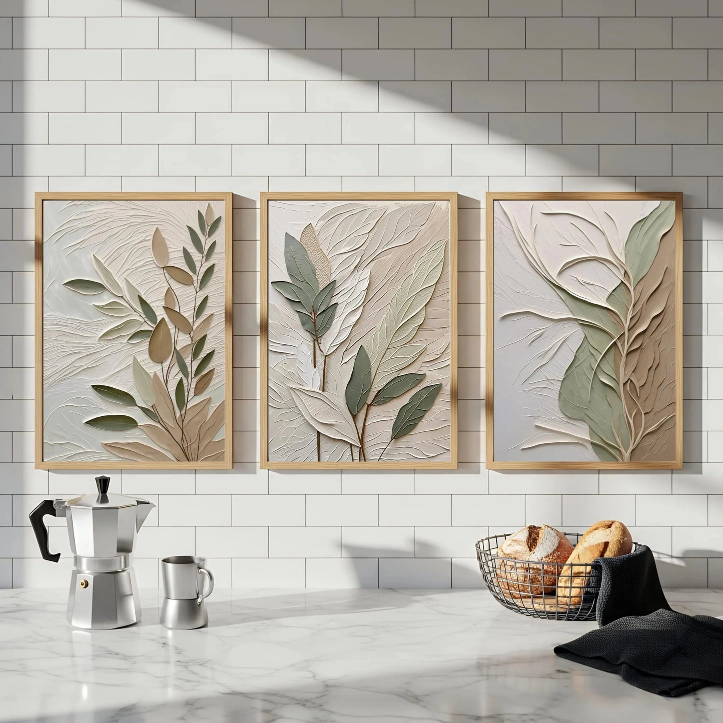 Textured Canvas Art Poster 3-Piece Wall Hanging Set Botanical-Themed Triptych Sage Green Wabi-Sabi Style Wall Art Home Decor