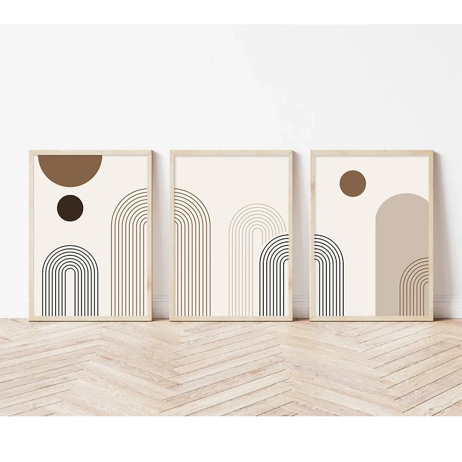 3Pcs Canvas Wall Art Boho Abstract Arch Set, Neutral Geometric Mid‑Century Poster for Living Room Bedroom Gallery Decor