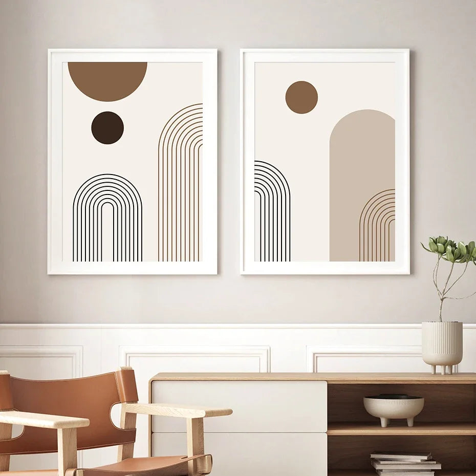 3Pcs Canvas Wall Art Boho Abstract Arch Set, Neutral Geometric Mid‑Century Poster for Living Room Bedroom Gallery Decor