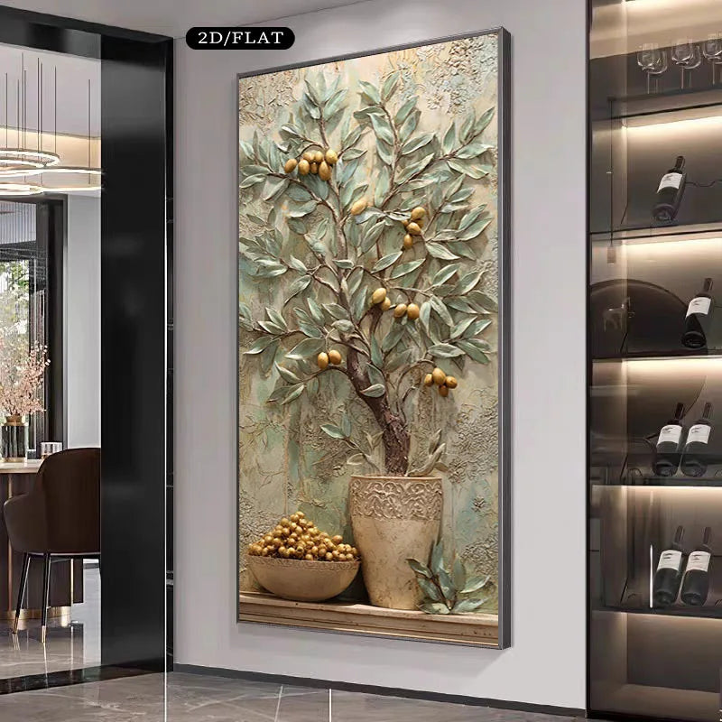 2D/Flat Modern Olive Tree with Golden Fruits Canvas Wall Art - Frameless Contemporary Canvas Painting for Living Rooms Decortion