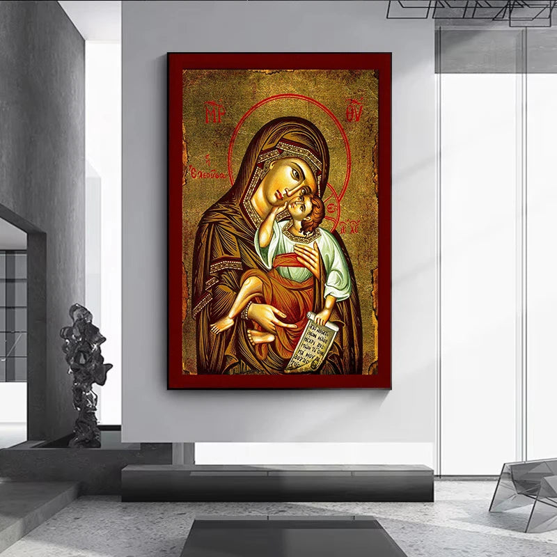 The Therapist Virgin Mary and Jesus Ikon Panagia Mother of God Byzantine Orthodox Religious Canvas Wall Art Living Room Decor