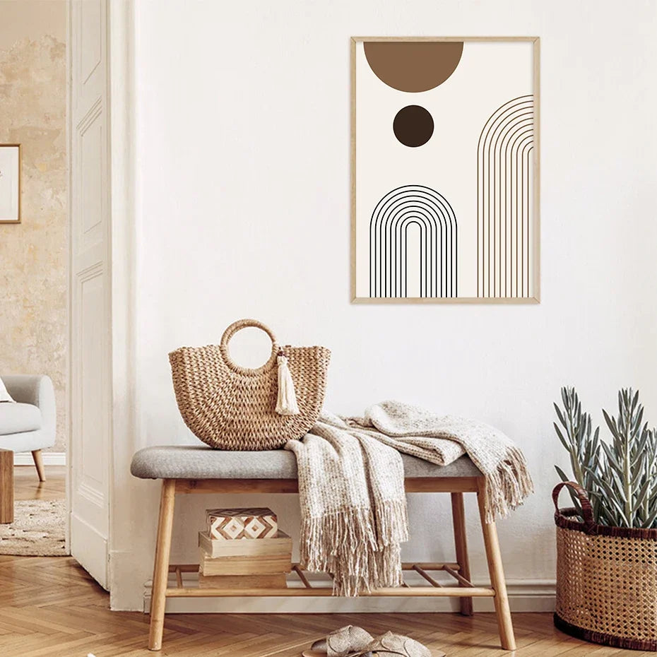 3Pcs Canvas Wall Art Boho Abstract Arch Set, Neutral Geometric Mid‑Century Poster for Living Room Bedroom Gallery Decor