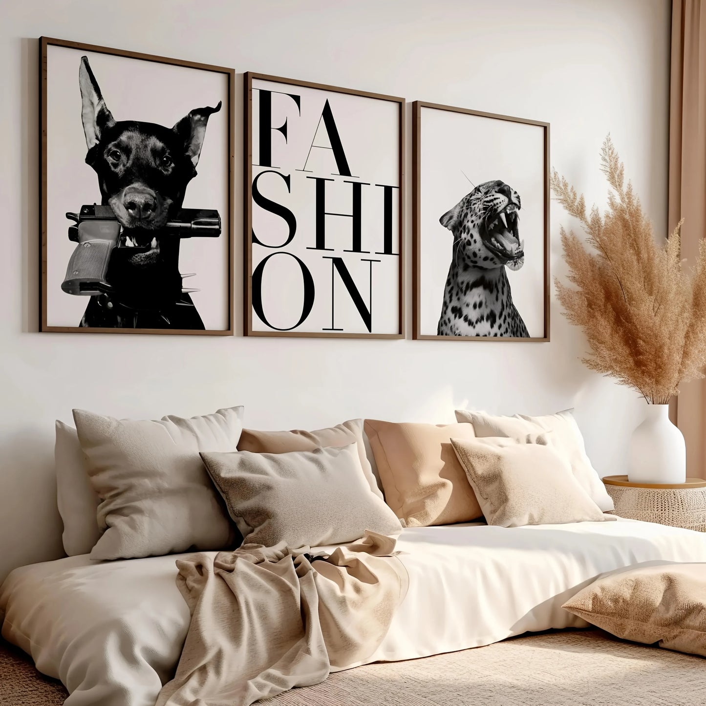 Leopard Black White Grey Animal Portrait Canvas Wall Art Set - Modern German Shepherd Inspired Posters 3pcs Frameless Doberman