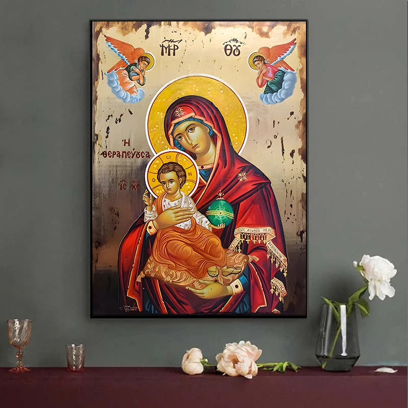 The Therapist Virgin Mary and Jesus Ikon Panagia Mother of God Byzantine Orthodox Religious Canvas Wall Art Living Room Decor