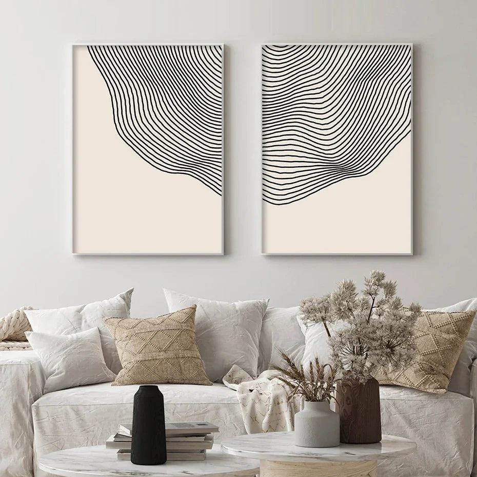 Modern Abstract Lines Black Beige Simple Wall Art, HD Canvas Print Sea, Home, Living Room, Room Decoration Painting