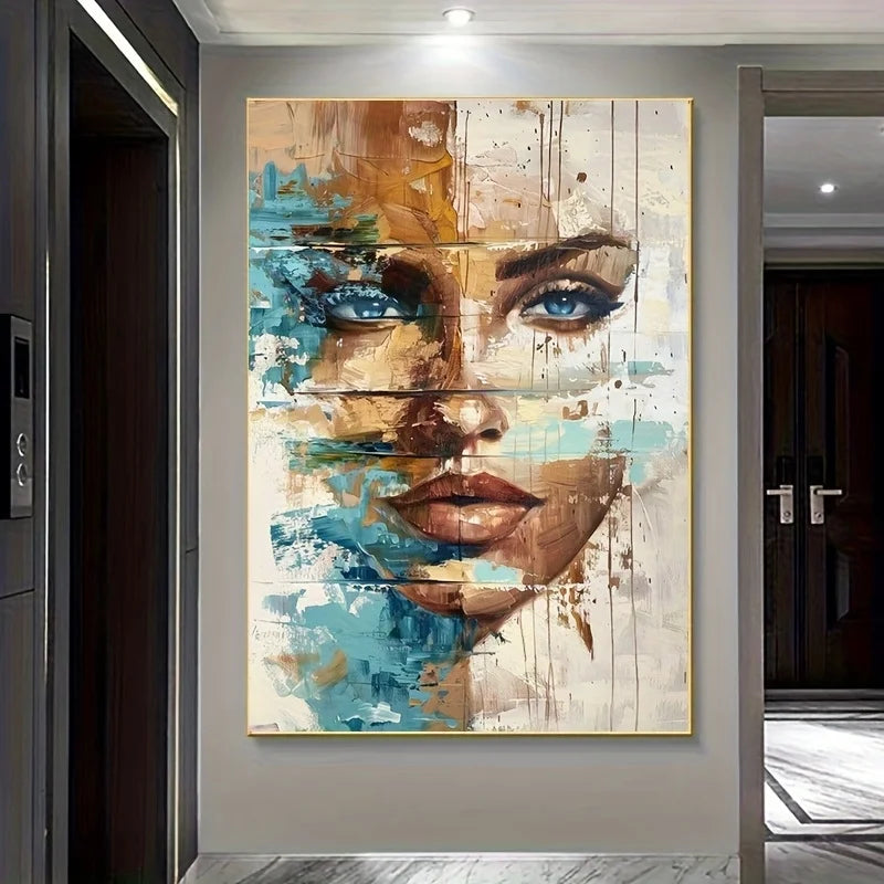 Modern Abstract Floral Woman Canvas Art Print - Vibrant Blue & Golden Hues, Indoor/Outdoor Use, Frameless Wall Decor Artwork