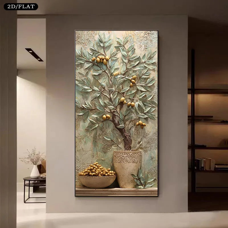 2D/Flat Modern Olive Tree with Golden Fruits Canvas Wall Art - Frameless Contemporary Canvas Painting for Living Rooms Decortion