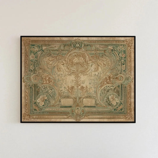 Vintage Baroque Scroll Tapestry – Oversized Horizontal Canvas Art, Muted Sage Green & Gold Luxury Wall Decor