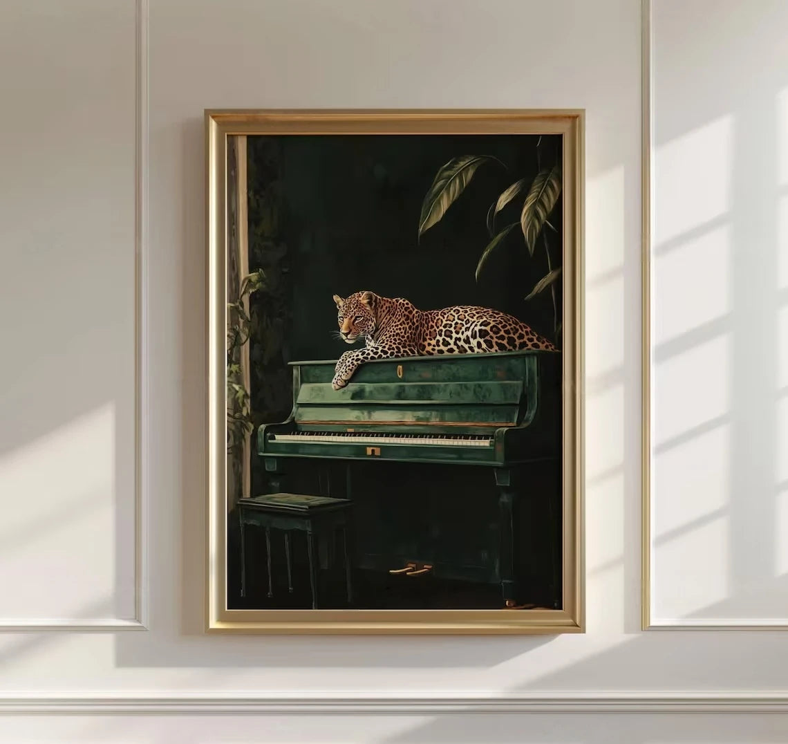 Elegant Leopard Wall Art on Green Piano Jungle Animal Canvas Print Maximalist Home Decor Wild Cat Musical Poster Feline Pictu