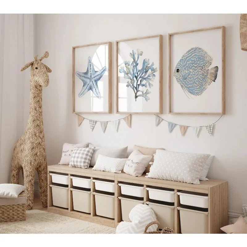 Coastal Frameless Poster Wall Art Set of 3 Ocean Fish Coral Starfish Beach House Prints Home Canvas Art Wall Decoration Poster