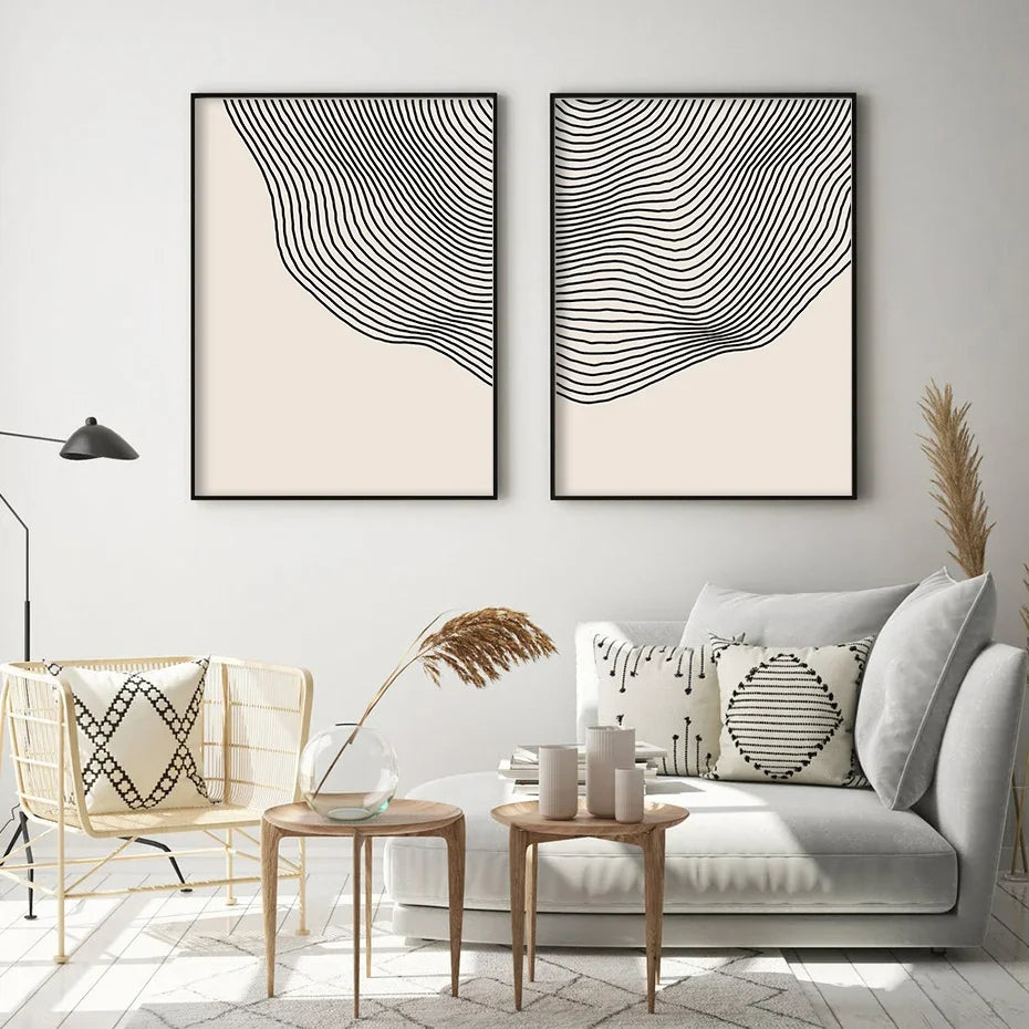 Modern Abstract Lines Black Beige Simple Wall Art, HD Canvas Print Sea, Home, Living Room, Room Decoration Painting