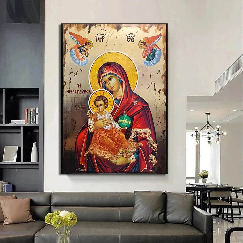The Therapist Virgin Mary and Jesus Ikon Panagia Mother of God Byzantine Orthodox Religious Canvas Wall Art Living Room Decor