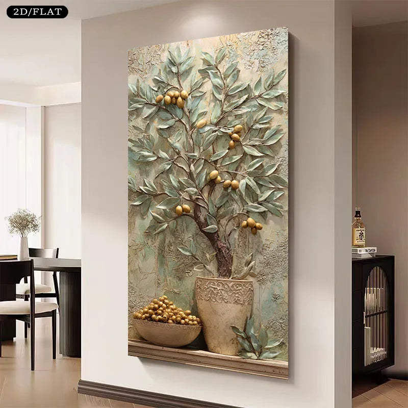 2D/Flat Modern Olive Tree with Golden Fruits Canvas Wall Art - Frameless Contemporary Canvas Painting for Living Rooms Decortion