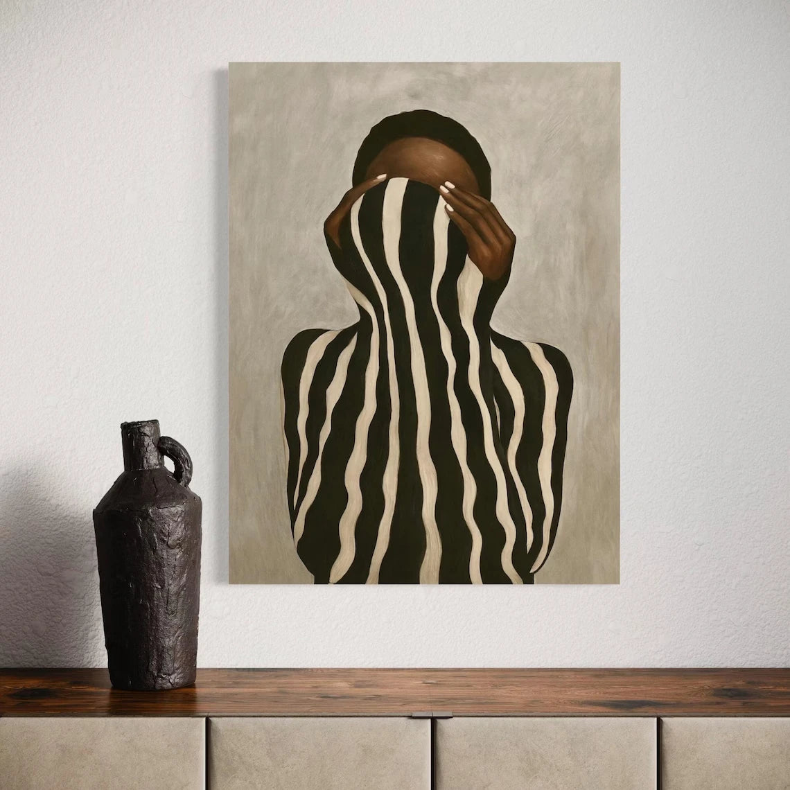 Neutral Wall Art Afrocentric Abstract Black Woman Canvas Prints Black & White Stripes Girl Pictures for Living Room Home Deco
