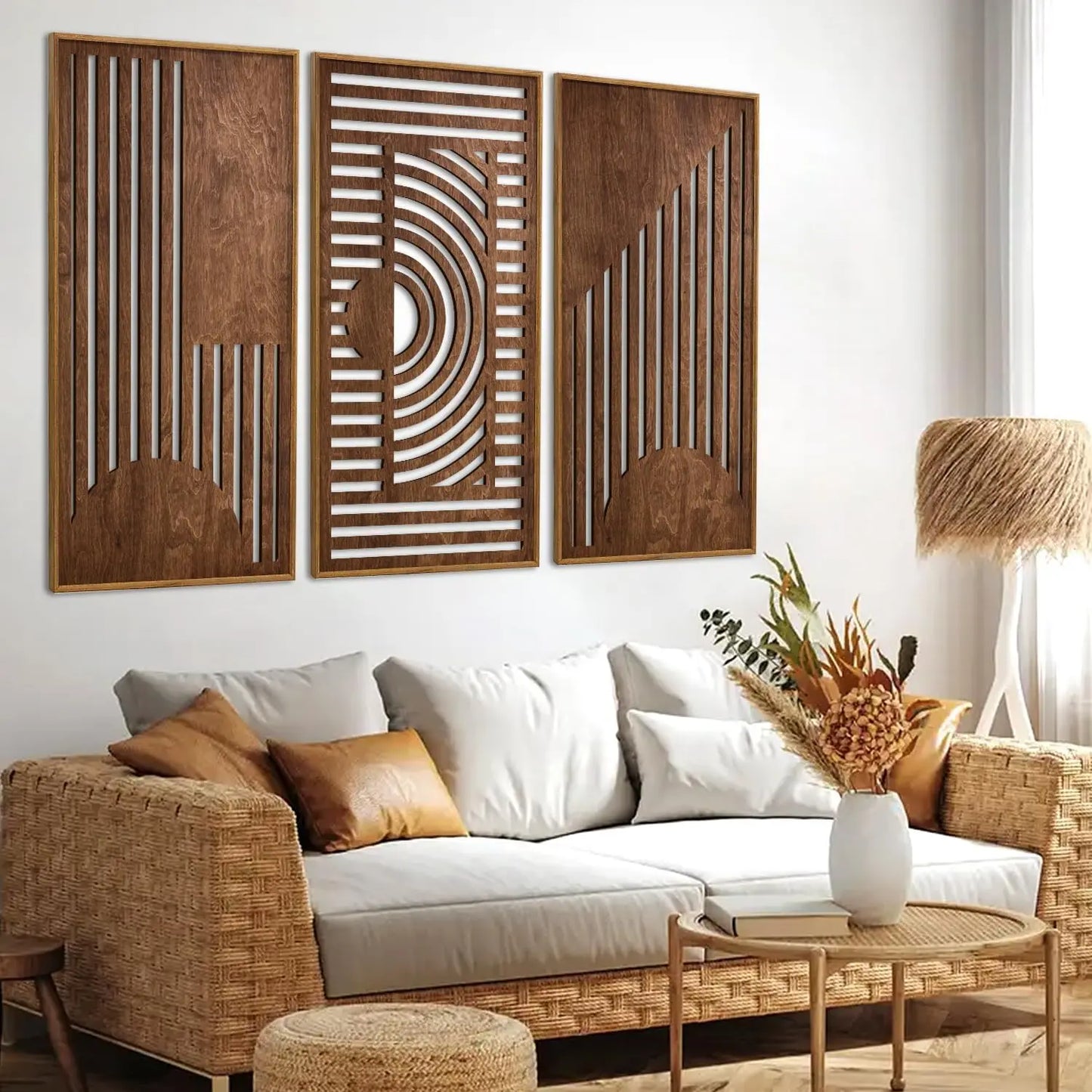 3 Pcs Geometric Wood Wall Art Decor, Wooden Minimalist Wall Hanging Decor, 3D Hollow Carved Craft Art Set, Boho Abstract