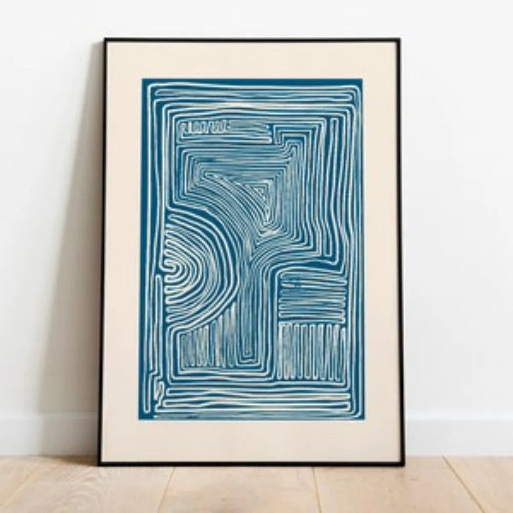 Minimalistic Wall Decor - Line Art Print - Blue Wall Art Prints - Mid Century Modern Wall Art - Neutral Abstract canvas Poster