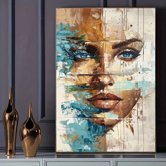Modern Abstract Floral Woman Canvas Art Print - Vibrant Blue & Golden Hues, Indoor/Outdoor Use, Frameless Wall Decor Artwork