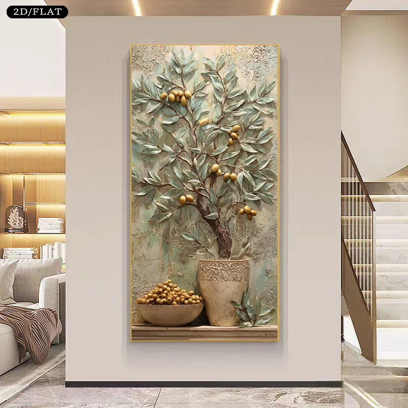 2D/Flat Modern Olive Tree with Golden Fruits Canvas Wall Art - Frameless Contemporary Canvas Painting for Living Rooms Decortion