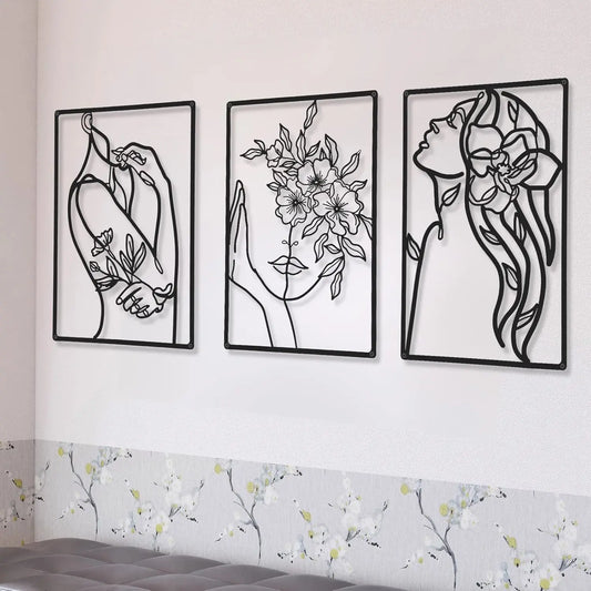 3 Pieces Minimalist Metal Wall Art Decor, Abstract Woman Line Art Wall Decor, Modern Metal Sculpture for Living Room Bedroom Bat