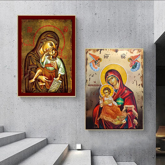 The Therapist Virgin Mary and Jesus Ikon Panagia Mother of God Byzantine Orthodox Religious Canvas Wall Art Living Room Decor