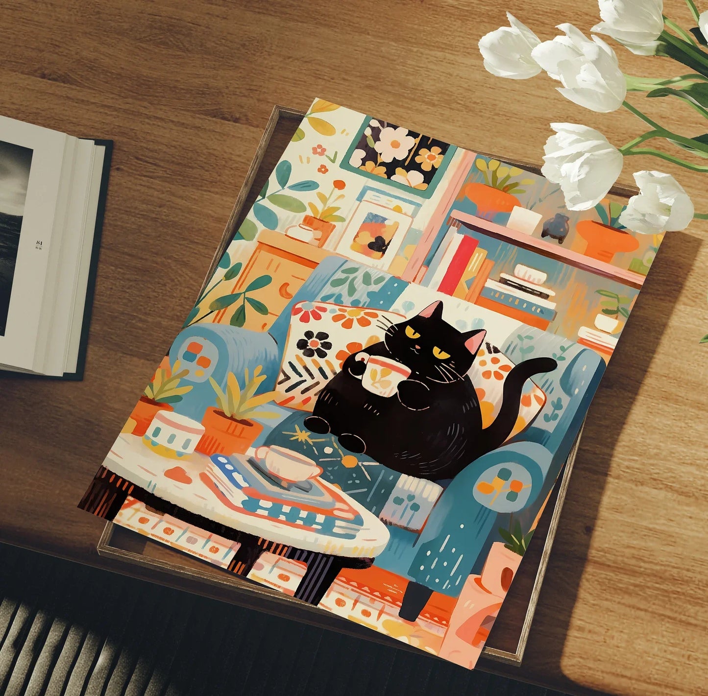 Canvas Painting Canvas Wall Picture Cute Cat Coffee Cafe Gift Cat Parent Christmas Wall Art Cat