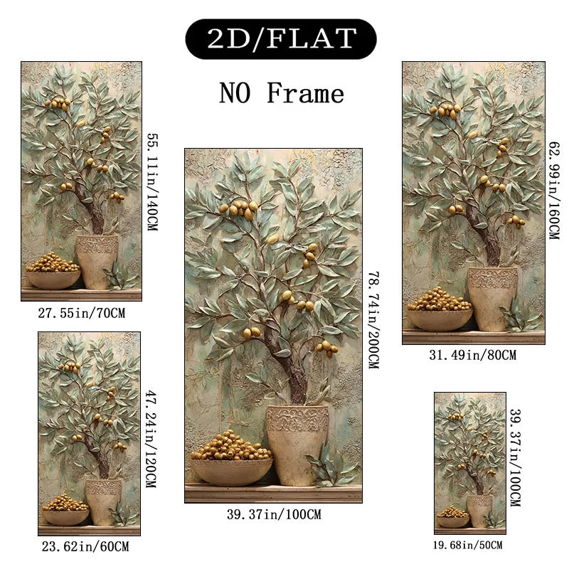 2D/Flat Modern Olive Tree with Golden Fruits Canvas Wall Art - Frameless Contemporary Canvas Painting for Living Rooms Decortion