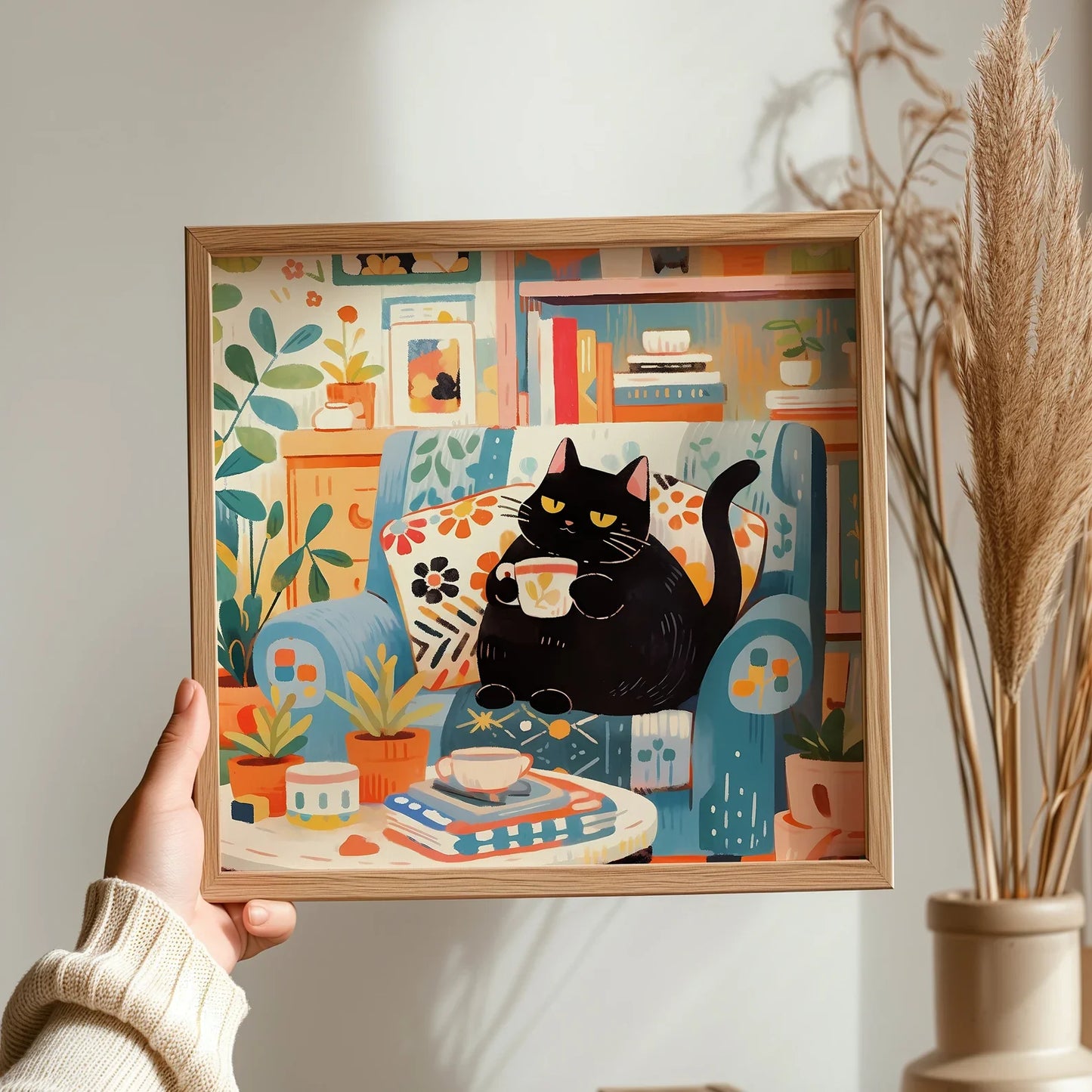 Canvas Painting Canvas Wall Picture Cute Cat Coffee Cafe Gift Cat Parent Christmas Wall Art Cat