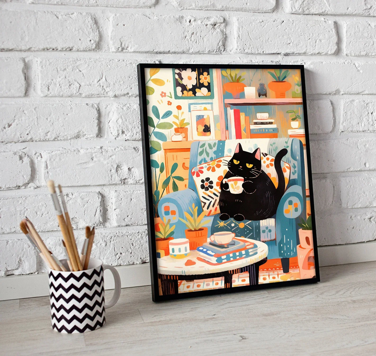 Canvas Painting Canvas Wall Picture Cute Cat Coffee Cafe Gift Cat Parent Christmas Wall Art Cat